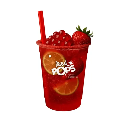 Frappé de fresa con perlas explosivas rojas servido en vaso alto con sorbete ancho, como se pide en una cafetería de Guatemala
